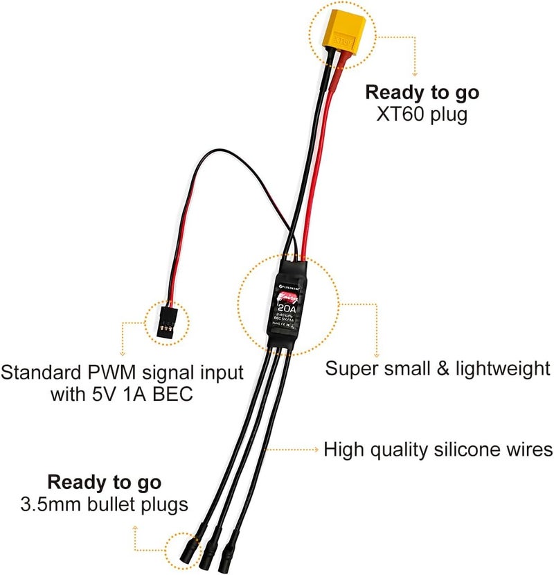 HAWK'S WORK Brushless ESC, 20A Brushless Motor Electric Speed Controller BEC 5V 1A with XT60 & 3.5mm Plugs, Super Light-Weight & Small (2 Pack) - Image 2